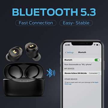 Monster Wireless Earbuds, Achieve 300 AirLinks Headphones Touch Control with Bluetooth 5.3 in-Ear Stereo Headphones, USB-C Quick Charge, Bluetooth Earbuds