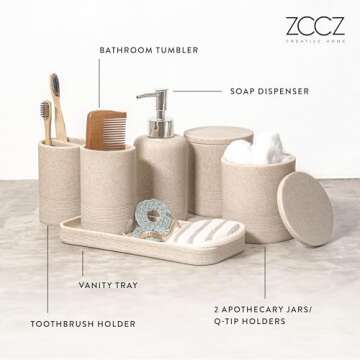 ZCCZ - Beige Bathroom Accessories Set 6 Pcs - Toothbrush Holder, Lotion Soap Dispenser, 2 Qtip Holder Dispensers, Vanity Tray, Bathroom Tumbler - Countertop Vanity Organizer - Bathroom Accessory Set