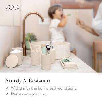 ZCCZ - Beige Bathroom Accessories Set 6 Pcs - Toothbrush Holder, Lotion Soap Dispenser, 2 Qtip Holder Dispensers, Vanity Tray, Bathroom Tumbler - Countertop Vanity Organizer - Bathroom Accessory Set