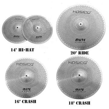 Low Volume Cymbal Pack Mute Cymbal Set 14'Hihats+16"Crash+18'Crash+20"Ride 5 Pieces Silver Drummer Practice Quiet Cymbal for Drum Set