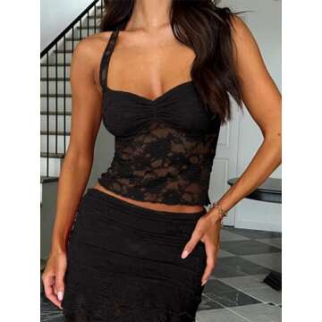 REORIA Women's Sexy Lace Crop Tank Top - Y2K Trendy 2024 Fashion