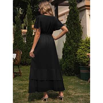 Simplee Womens Solid Chiffon Wrap Formal Maxi Ruffle Split Dress Flowy Bridesmaid Wedding Party Evening Dress with Belt(Black XL)