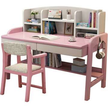 Solid Wood Desk Kids Desks with Drawers and Bookshelf, Height-Adjustable Desk Suit for All Ages, Learning Computer Workstation Writing Desk with Hooks, Study Home Office Desk ( Color : Pink with chair