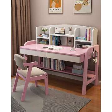 Solid Wood Desk Kids Desks with Drawers and Bookshelf, Height-Adjustable Desk Suit for All Ages, Learning Computer Workstation Writing Desk with Hooks, Study Home Office Desk ( Color : Pink with chair