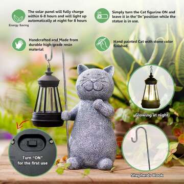 Solar Garden Statue Cat Figurine- Garden Art with Solar Lantern, Loving Cat for Patio,Balcony,Yard, Lawn-Unique Housewarming Gift for Garden Mom Grandma