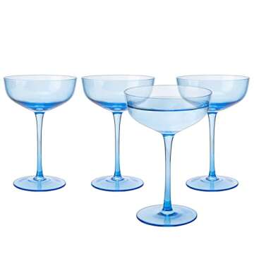 The Wine Savant Colored Coupe Glass | 7oz | Set of 4 Colorful Champagne & Cocktail Glasses, Fancy Manhattan, Crystal Martini, Cocktails Set, Margarita Bar Glassware Gift, Vintage (Blue)