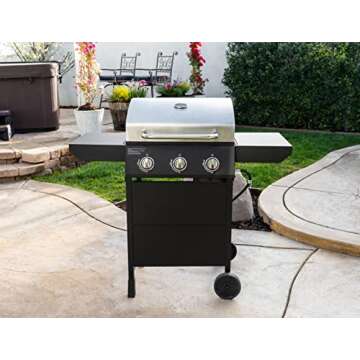 Nexgrill Premium 3-Burner Propane Gas Grill with Side Tables and Wheels, Open Cart Style, Outdoor Cooking & Grilling, BBQs, Patio, Garden, 27,000 BTUs, Black & Silver, 720-1012