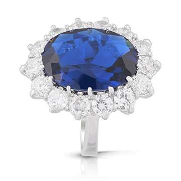 JanKuo Jewelry Royal Family Large Kate Middleton Engagement Inspired Ring with Blue Sapphire Color CZ