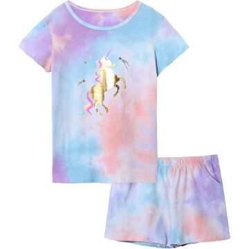 Big Girls Summer Unicorn/Panda Pajamas Set - 100% Cotton Short Sleeve & Pants Sleepwear Cute Jammies Set Size 6-16