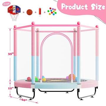 60" Trampoline for Kids, 5 FT Toddler Baby Trampoline with Safety Enclosure Net, Indoor or Outdoor Pink/Blue Small Trampolines with Basketball Hoop, Birthday Gifts for Kids, Gifts for Girl Age 3-8