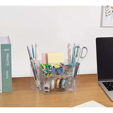 Clear Acrylic Desk Organizer for Office Supplies and Desk Accessories - Pen Holder Desktop Organization for Room College Dorm Home School (Clear)