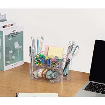 Clear Acrylic Desk Organizer for Office Supplies and Desk Accessories - Pen Holder Desktop Organization for Room College Dorm Home School (Clear)