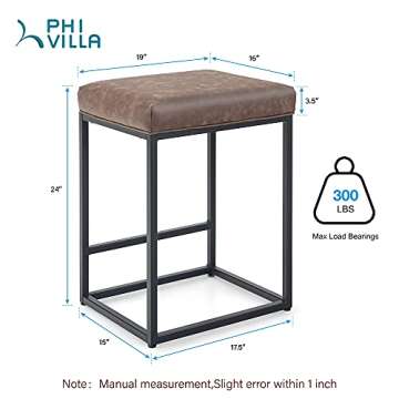 PHI VILLA Bar Stools Counter Heighr Set of 2, 24 inches, Backless, Square, Brown, 2 Packs