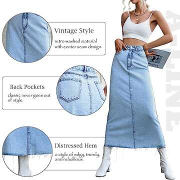 MISS MOLY Women's Long Mid Denim Skirts Stretch High Waist Frayed Raw Hem Split A line Flare Jean Skirt Maxi Dress Light Blue S