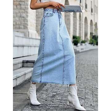 MISS MOLY Women's Long Mid Denim Skirts Stretch High Waist Frayed Raw Hem Split A line Flare Jean Skirt Maxi Dress Light Blue S