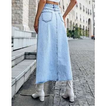 MISS MOLY Women's Long Mid Denim Skirts Stretch High Waist Frayed Raw Hem Split A line Flare Jean Skirt Maxi Dress Light Blue S