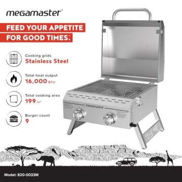 Megamaster Premium Outdoor Cooking 2-Burner Grill, While Camping, Outdoor Kitchen, Patio Garden, Barbecue with Two Foldable legs, Silver in Stainless Steel