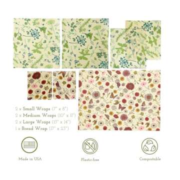 Bee's Wrap Reusable Vegan Alternative to Beeswax Food Wraps, Made in the USA, Eco Friendly Food Wraps, Sustainable Storage Containers, 7 Piece Variety Pack, 7 Pack (2S, 2M, 2L, 1 Bread), Vegan