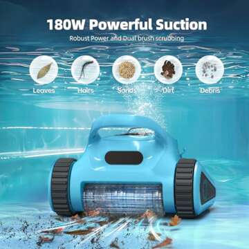 Pool Vacuum for Inground Pools: Cordless Robot Robotic Pool Cleaners with Hook 180W Suction Auto Vacuums Wall Climbing Waterline Scrubbing Cleaning 150 Mins Long Battery Up to 2,000 sq.ft