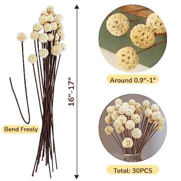 30 PCS Natural Dried Craspedia Billy Balls Flowers, 17” Dried White Flowers Buttons Bouquet for Vase Floral Arrangements Wedding Table Centerpieces Party DIY Home Decor, Christmas Tree Decoration