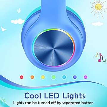 Candy Bila Bluetooth Kids Headphones Fit for Aged 3-21, Colorful LED Lights Comfort Wireless Headphones with Microphone 94dB Volume Limited for School/iPad/PC/TV/Cellphones, Wired & TF Card Mode,Blue