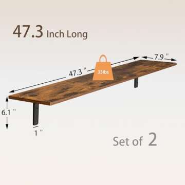 DINZI LVJ Long Wall Shelves, 47.3Inch Wall Mounted Shelves Set of 2, Extra Large Wall Storage Ledges with Sturdy Metal Brackets for Living Room, Bathroom, Bedroom, Kitchen, Rustic Brown