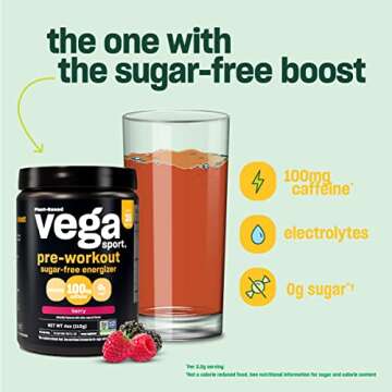 Vega Sport Sugar Free Pre-Workout Energizer, Strawberry Lemonade - Pre Workout Powder for Women & Men, Supports Energy and Focus, Electrolytes, Vegan, Keto, Gluten Free, Non GMO, 4.3 oz