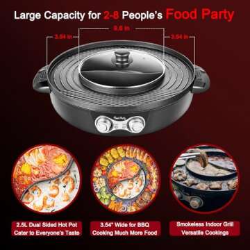 Food Party DUO Electric Smokeless Grill and Hot Pot, With Separable Cooking Plate, Deluxe Combo of 1 Recipe Book, 1 Tong, 1 Oil Brush, 1 Pack of Parchment Paper, for Hotpot KBBQ, Barbecue & Grill