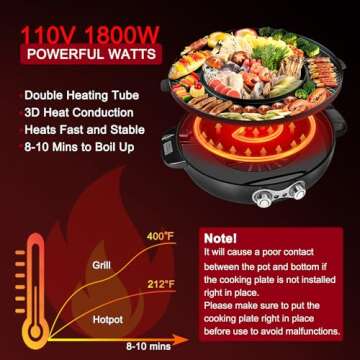 Food Party DUO Electric Smokeless Grill and Hot Pot, With Separable Cooking Plate, Deluxe Combo of 1 Recipe Book, 1 Tong, 1 Oil Brush, 1 Pack of Parchment Paper, for Hotpot KBBQ, Barbecue & Grill