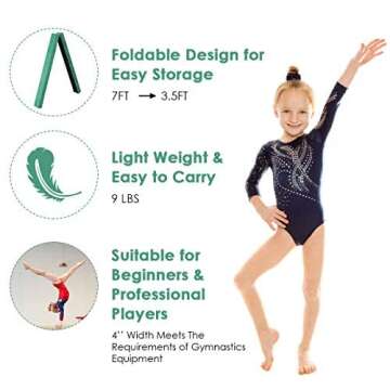 Giantex 7FT Balance Beam, Folding Gymnastics Beam w/Carry Handles, Non Slip Rubber Base for Kids, Floor Gymnastics Beam for Training, Practice & Professional Home Exercise (Green)