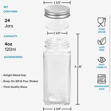 AOZITA 24 Pcs Glass Spice Jars with Labels - 4oz Empty Square Spice Bottles Containers, Condiment Pot, Shaker Lids and Airtight Metal Caps - Silicone Collapsible Funnel