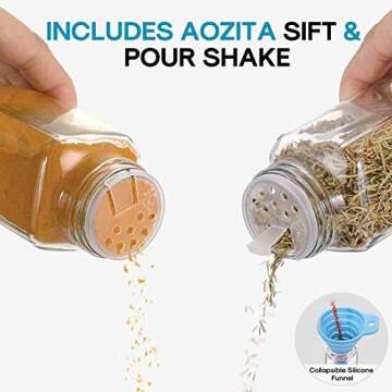 AOZITA 24 Pcs Glass Spice Jars with Labels - 4oz Empty Square Spice Bottles Containers, Condiment Pot, Shaker Lids and Airtight Metal Caps - Silicone Collapsible Funnel