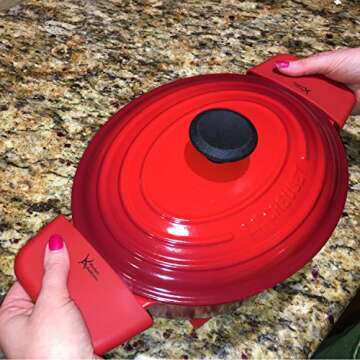 6 Piece Silicone Kitchen Set - Kitchen Addiction 2 Hot Handle Holder Sleeves, 2 Trivet/Potholder/Grippers, 2 Assist Handles Set (Red)