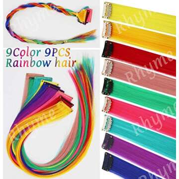 Rhyme 9 PCS Colored Hair Extensions Clip In 21 inch Straight Multicolored Hair Extensions Accessories For Girls Women Gift Party Highlights Wig Pieces (Rainbow Color)