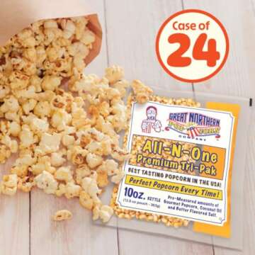 10oz Popcorn Machine Popcorn Packets - All-in-One Movie Theater Style Popcorn Kernels, Salt, and Oil Packs by Great Northern Popcorn (24 Case)