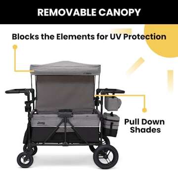 Jeep Wrangler Deluxe 4 Seater Stroller Wagon by Delta Children - Premium Quad Stroller Wagon for 4 Kids with Convertible Seats, Adjustable Push/Pull Handles, Removable Canopy & Flat Fold, Grey