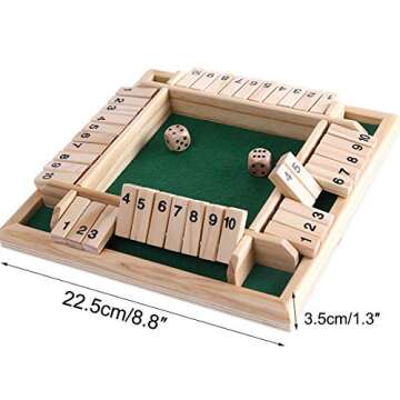 bouti1583 Shut The Box Dice Game,Classic 4 Sided Wooden Board Game Flip 10 Numbers Classic Tabletop Games for 2-4 Player(Green,8.8inch)