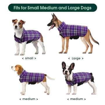 Kuoser Warm Dog Coat, Reversible Dog Jacket Waterproof Dog Winter Coat British Style Plaid Dog Clothes Pet Dog Cold Weather Coats Cozy Snow Jacket Vest for Small Medium Large Dogs Purple M