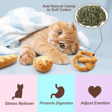 Bread Catnip Toys Cat Toys for Indoor Cats Interactive Toys for Cat Lover Gifts Kitten Chew Bite Kick Toys Baguette Croissant Pretzel Toast Bun Cinnamon Roll Plush Catmint Pet Birthday Presents