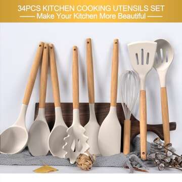 Silicone Cooking Utensils Set, 43Pcs Non-Stick Heat Resistant Kitchen Utensils Spatula Set with Wooden Handle for Baking, Cooking, and Mixing, Best Kitchen Gadgets Tools with Holder (Khaki)