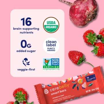 Cerebelly Organic Toddler Snack Bars – Strawberry Beet (Pack of 5), Healthy Bars with Veggies & Fruit, 16 Brain Supporting Nutrients, Nut-Free