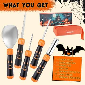 HAUSHOF Pumpkin Carving Tools with Stencils, 5PCS Halloween Pumpkin Carving Kit Professional Knives Set with Case, Halloween Gifts for Halloween Decorations