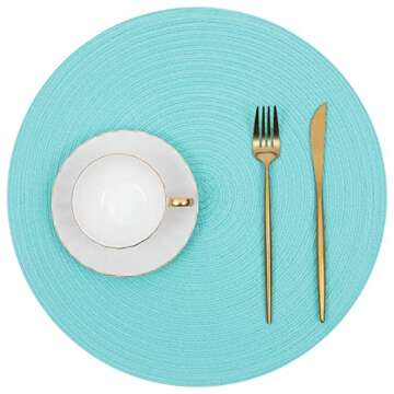 SHACOS Round Placemats Set of 6 Washable 15 inch Round Table Mats Cotton Polyester Woven Braided Place Mats for Dining Table (Aqua, 6)