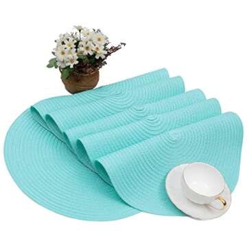 SHACOS Round Placemats Set of 6 Washable 15 inch Round Table Mats Cotton Polyester Woven Braided Place Mats for Dining Table (Aqua, 6)