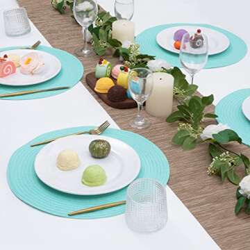 SHACOS Round Placemats Set of 6 Washable 15 inch Round Table Mats Cotton Polyester Woven Braided Place Mats for Dining Table (Aqua, 6)