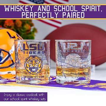 Greenline Goods - Louisiana State University Whiskey Glass Set (2 Low Ball Glasses) - Full Color LSU Logo & Campus Map - LSU Tiger Gift for College Grads & Alumni - College Cocktail Glassware