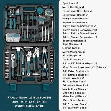 Sundpey Home Tool Kit 281-PCs - Portable Complete Basic Repair General Hand Tool Sets for Men Women - Full Tool Set with Socket Wrench Set & Screwdriver Set & Metric Hex Key & Pliers & Tool Box Case