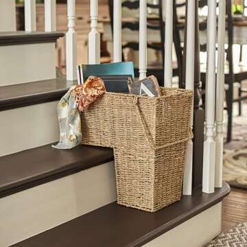 Household Essentials ML-5647 Seagrass Wicker Stair Step Basket with Handle | Natural Brown