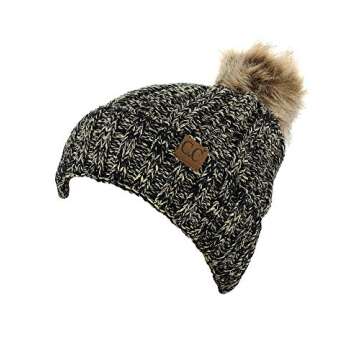 C.C Thick Cable Knit Faux Fuzzy Fur Pom Fleece Lined Skull Cap Cuff Beanie, 2 Tone Black/Dark Beige