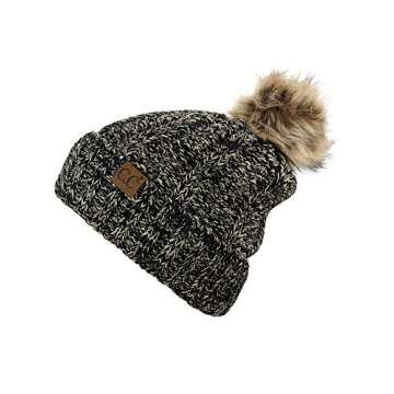 C.C Thick Cable Knit Faux Fuzzy Fur Pom Fleece Lined Skull Cap Cuff Beanie, 2 Tone Black/Dark Beige